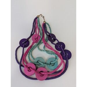 Vintage 80s Memphis Style Wood Chunky Statement Necklace Pink Teal Purple